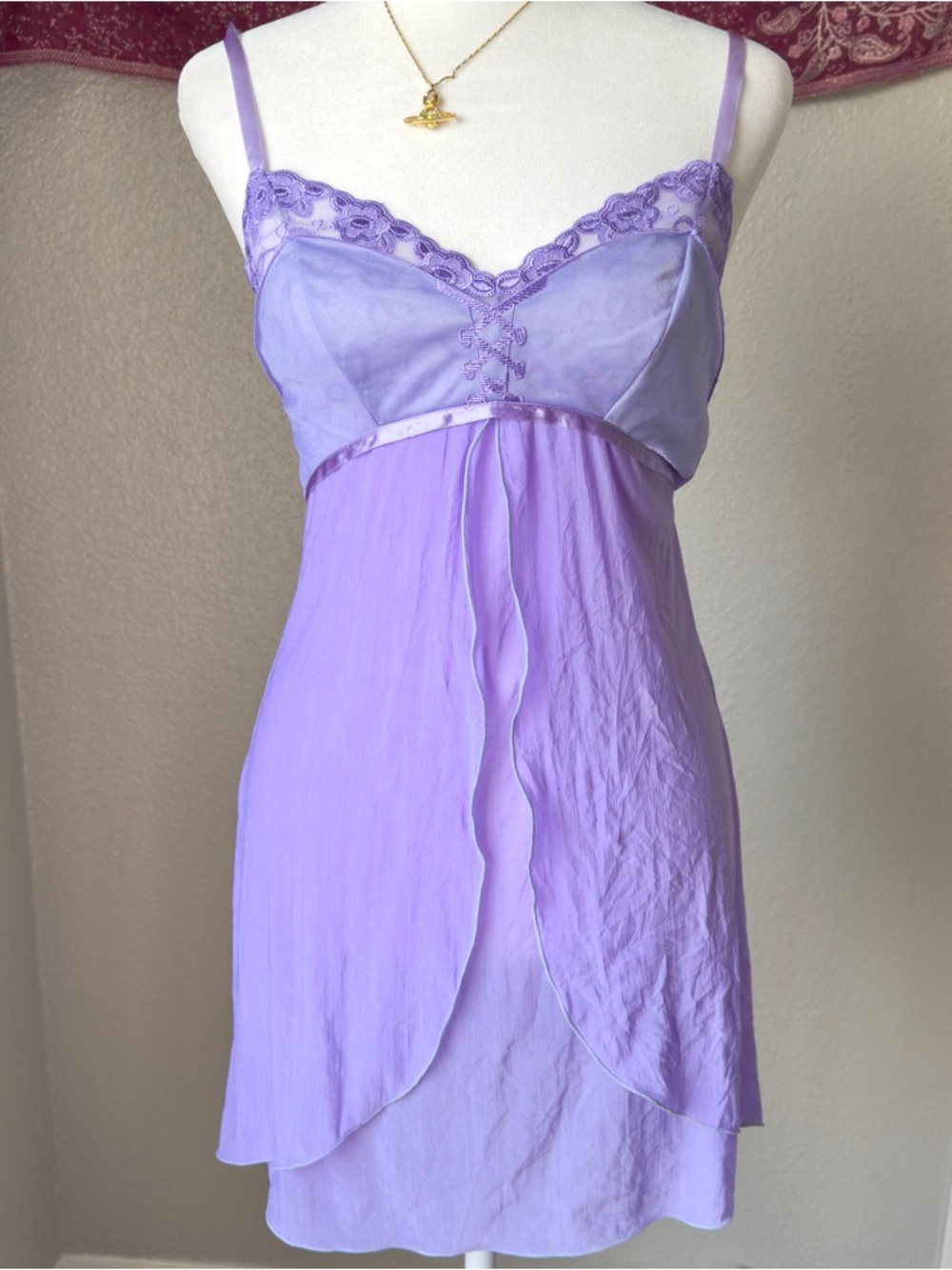 Lavender Purple Lace-Trim Y2K Fairycore Women’s Medium 2000s Slip Dress